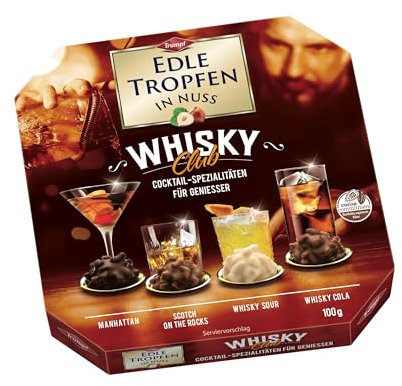 Edle Tropfen in Nuss Whisky Club 100g, flüssig gefüllte Schokoladenpralinen mit Milchschokoladen-Überzug und knackigen Haselnuss-Splittern
