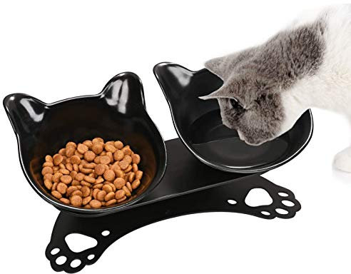 ZONSUSE Katzennäpfe,15° Geneigte Plattform Haustier Fressnapf Futter und Wasser napf im Set, Doppelnapf Reduzieren Sie Nacken Schmerzen für Katzen und Hunde,Haustier Zubehor Katze (Schwarz)