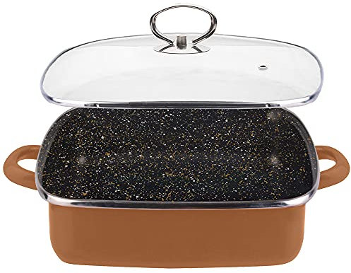 Magefesa COPPER tartera cuadrada 27 con tapa de vidrio, acero esmaltado vitrificado, en cobre, inducción y lavavajillas