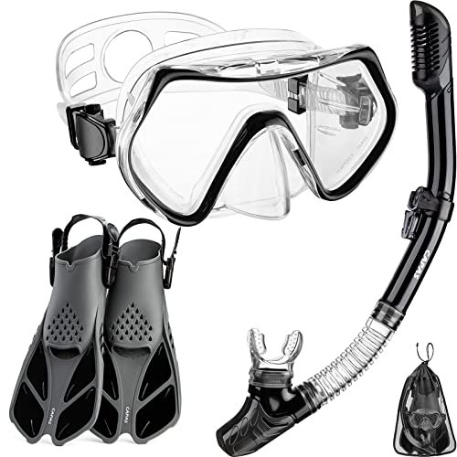 CAPAS Schnorchelset mit Flossen, Schnorchelausrüstung in Reisegröße für Erwachsene mit kurzen verstellbaren Schwimmflossen, Hochresistente Tauchermaske und Dry Top Schnorchel, mit Tragetasche