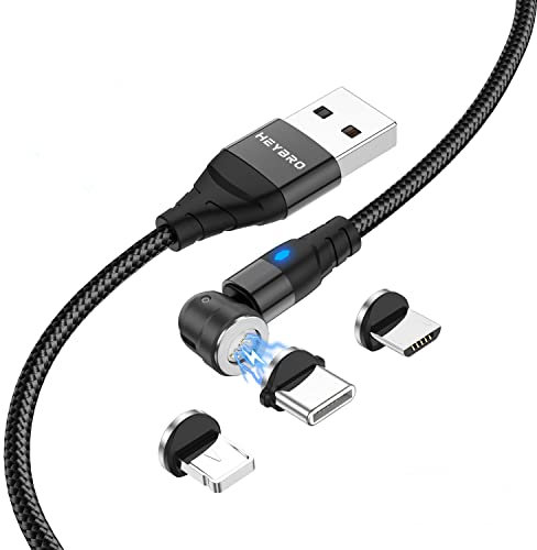 HEYBRO Magnetic Charging Cable, 360 Degree & 180 Degree Rotation Magnetic Charger Cable, Magnetic Cable for Micro USB, Type C Devices & iProducts, Black, 3.3FT/1M
