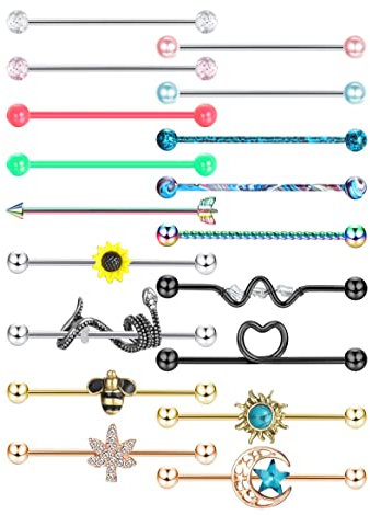 Kakonia Industrielle Ohrringe aus Edelstahl, 14 g, Industrieller Schmuck, Barbell, Industrial, für Frauen und Männer, Schlange, Industrial, Piercing, Knorpel, Piercing, Schmuck, 38 mm, Zirkonia