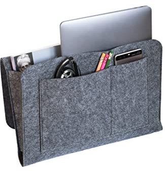GRANA HOME CADDY – Filz Bett- & Organizer - Aufbewahrungstasche für Laptop, Tablet, Bücher, Fernbedienung & mehr - Hängeorganizer für Couch & Bett (Dunkelgrau)