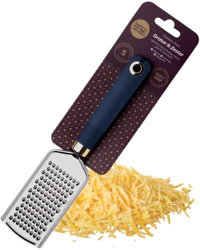 Kitchen Cheese Grater with Handle - Stainless Steel Construction. Dishwasher Safe. Zester for Hard Cheese, Lemon, Lime, Chocolate, Nutmeg, Garlic & Ginger. 5 Year Guarantee. Blue and Gold Design.