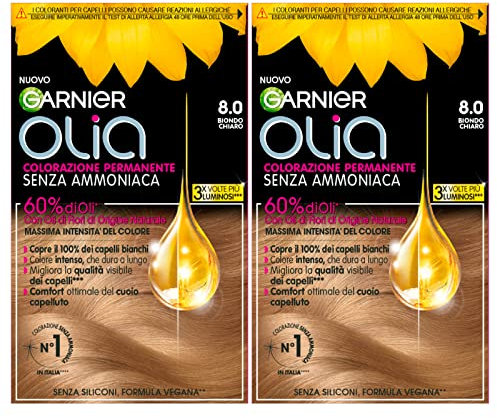 Garnier Olia Permanente Haarfarbe, ohne Ammoniak, Färbung mit Blütenölen natürlichen Ursprungs mit aufhellender und pflegender Wirkung, Farbe 8.0, Hellblond, 2 Packungen