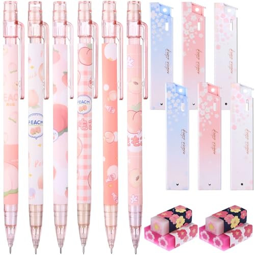 Uoeo Lot de 6 porte-mines Kawaii Juice Peach avec gommes et tubes de 0,5 mm de rechange pour étudiant, écriture, dessin, croquis, architecture, rose