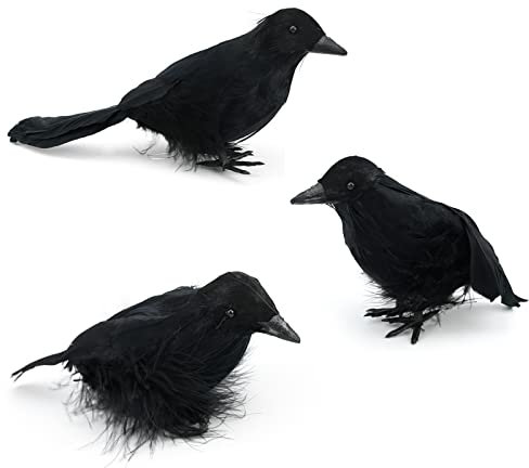 3 Stück Halloween Krähen Künstliche Gefiederte Krähen Realistische Raben Vögel Dekorationen Gespenstische Schwarze Feder Krähe Vogel für Halloween Party Requisiten Innen Außen Haus Garten Dekoration
