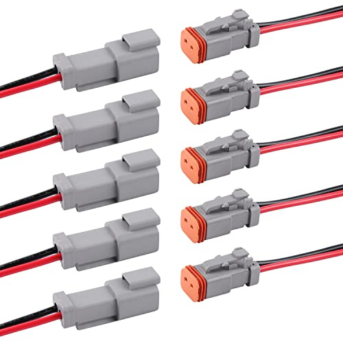 Flytuo - Set da 5 connettori Deutsch DT, 2 poli, maschio e femmina, impermeabili, cablaggio per auto, camion, barche, luci di lavoro a LED, 16 AWG. (5 set da 2 poli, grigio)