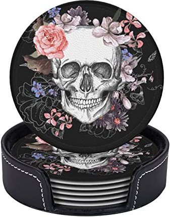 sous-Verres Modernes pour Boisson, sous-Verres Ronds Lot de 6 pour la Famille Tapis Rond Moderne, tête de Mort et Fleurs
