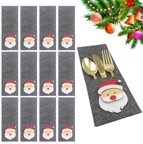 LUISAS Porta cubiertos navideño, Bolsa de cubiertos navideña de 12 piezas, Bolsas para Cubiertos para Decoración Navideña de Mesa de Fiesta (Fieltro)