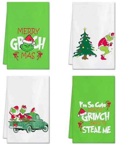 Ohok 4 Stück Weihnachten Handtücher 45x65 cm, Mode Dekoration Küchentücher Grich Weihnachtsmann Geschirrtücher Weiche Mikrofasertücher für Badezimmer Küche Trockentuch Weihnachten Deko (Set L)