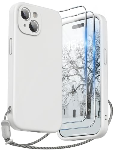 SURPHY Compatible with iPhone 15 Case, Liquid Silicone Shockproof White | [2 x Screen Protectors & 1 x Lanyard] Protection for Each Lens, Cover for iPhone 15 6.1, White
