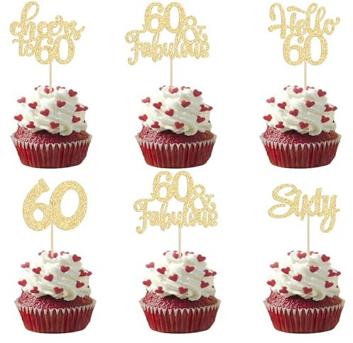 30Pcs Happy 60th Birthday Cupcake Toppers Gold Glitter Sixty Cake Toppers Cheers to 60 Years Old Birthday Cupcake Picks for 60th Birthday Anniversary Party Cake Decorations Supplies