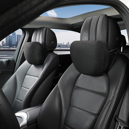 POKSRI nackenkissen Auto,kopfstütze Auto nackenstütze,Superfiber Wildleder Unterstützung Kissen,Pflanzenbasiertes Polyester,30x19cm Nachfüllbar&Verstellbar Fahrzeug(Schwarz, Auto-Nackenkissen 2ps)