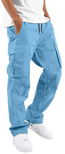 Zhiyao Herren Elastische Taille Gürtel Baumwolle Jogging Sweat Hosen Plus Size Mode Lange Sports Cargo Hosen Shorts mit Taschen Joggers Activewear Hosen Himmelblau XXL