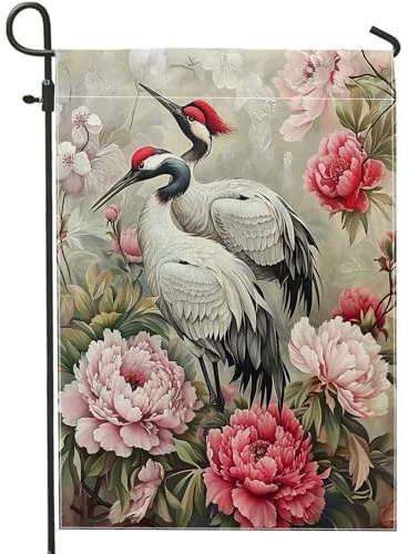 Bandiera giapponese da giardino con gru orientale asiatica vintage uccello floreale peonia piante marrone rosa lino stampato cartello decorativo modello grande casa interna esterna patio bandiera
