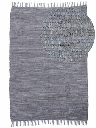 carpetfine Flickenteppich Kelim Chindi Uni Hellgrau 160x230 cm, handgewebt | Fleckerlteppich aus Baumwolle für Wohnzimmermit Fransen