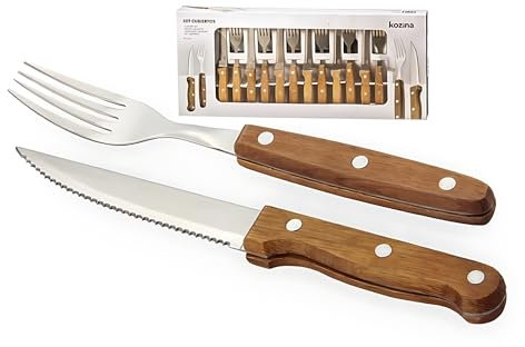 Cubertería de 24 piezas mango de madera, cubiertos de acero inoxidable, 12 cuchillos, 12 tenedores (Set 24 Pcs)