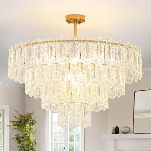 DINGLILIGHTING Modern Kristall Deckenleuchte, 80cm Kronleuchter Kristall Gold, Luxus Rund Pendelleuchte mit 3 Schichten aus Kristallglas, 12xE14 Lichter für Wohnzimmer, Esszimmer, Schlafzimmer