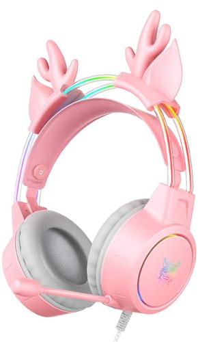 ONITOON Lightweight Gaming Headset with Detachable Deer Ears, RGB Lighting, Wired Over Ear Headphones with Mic for PC, PS4, PS5, Xbox, Switch, Stereo Surround Sound, Self-Adjusting Headband