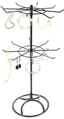 Wzhtuzi Schmuckständer, Kettenständer Schmuck Drehbar Schmuckregal 2-stufiger Abnehmbar Halskettenhalter 16 Haken Ketten Halsketten Aufbewahrung Metall Kettenhalter für Armbänder Ring Armband, Schwarz
