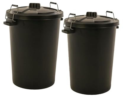 Novostyl 2 PACK - LARGE BLACK GARDEN DUSTBIN- 90L REFUSAL HEAVY DUTY PLASTIC WASTE BIN WITH CLIP LID