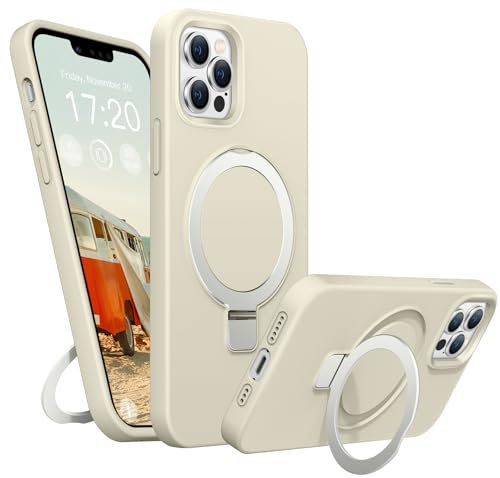 BENTIACC Liquid Silicone Case for iPhone 13 Pro, Magnetic Rugged Stand Ring, 4-Layer Shockproof Protective Case with Soft Microfibre Lining, Scratch Resistant (White)