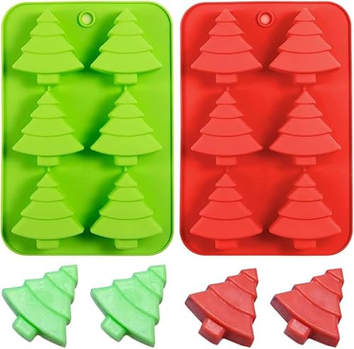 YJDM Christmas Silicone Moulds, 2 Pack Large 6 Cavities Christmas Tree Silicone Candy Chocolate Moulds Xmas Muffin Candy Trays Pan Baking Mold for Handmade Cookies Home Xmas Party Cake Deco