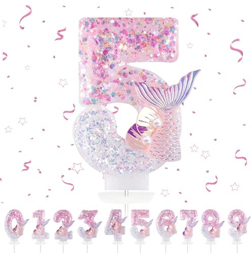 Bougies d'anniversaire Numéro 5,3D Rose Bougie Chiffre 5,Sirènes Decoration Gateau Anniversaire,Bougies Scintillantes Gâteau Topper Decoration,Pour Les Enfants, Adultes