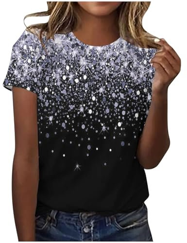 Mrat Sparkly Women's Sequins Print Tunic Tops Short Sleeve Round Neck Shirts Shiny Comfy Ladies Casual Elegant Gradient Blouses Loose Fit Casual Pullover Tops Size 16