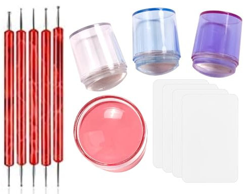 TOROKOM Nail Stamper Kit, Transparente Azul Rosa Púrpura 4PCS Silicona Nail Art Stamping with 5 PCS Dotting Painting Pen Cap Transparent Soft Jelly Stamper for Manicure Tools (4 Colores)