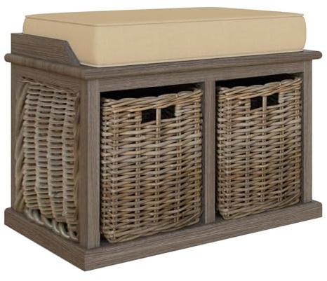 FWStyle Handmade Kubu Rattan Small Storage Bench with Baskets & Cushion 70cm
