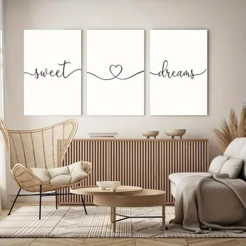 3er Set Leinwandbilder Poster süß LIEBE Träume Wandkunst über Bett Dekor Hauptschlafzimmer groß minimalistisch sauber Mädchen Malerei Geschenk Wohnzimmer Wohnheim Galerie Korridor Bilddrucke, A3 (30X4