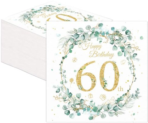 80 Stück Servietten 60 Geburtstag Servietten Eukalyptus Grün | Eukalyptus Servietten| Premium Partydeko für Erwachsenenfeiern | Tischdeko mit Geburtstagsmotiven