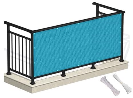 Balkonbespannung 130 x 320 cm 220 g/m², Leicht Transparent, Windschutz und UV-Schutz, Balkonumrandung Sichtschutz Für Balkon mit Kabelbinder und Kordel für Balkon, Terrasse, Garten, Himmelblau