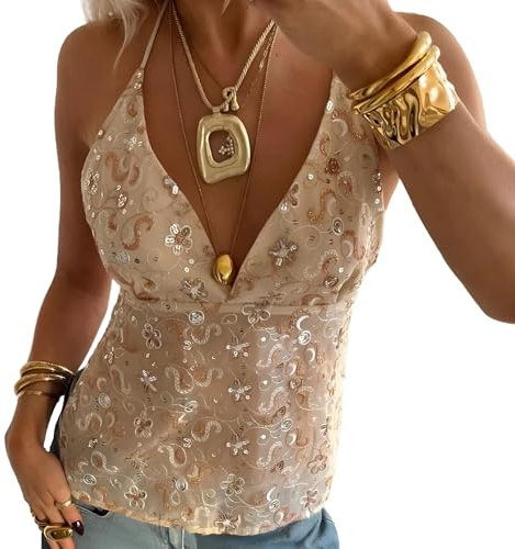 Moollyfox Sommer Tops Y2K Damen – Neckholder Tank Top mit Pailletten & Glitzerndem Blumenmuster – Sexy Backless Top, Camisole Top