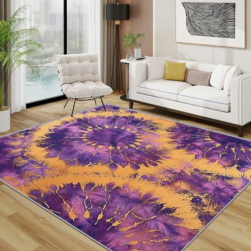TerroVee Batik Teppich 200x200 cm, Bunt Bohemian Künstler Waschbarer Teppiche Wohnzimmer, Hippie Lila rutschfest Antirutsch Groß Teppiche Für Esszimmer, Quadratisch, Violett Orange