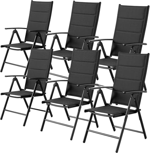 LIFERUN Gartenstühl Hochlehner, 6er Set Balkonstuhl mit Gesteppte,Aluminium | 7-Fach Verstellbar,Bis 120 kg, Kissen Rückenlehne Sitzfläche, Outdoor Esszimmerstuhl, Armlehnen Klappstuhl, Schwarz, 6 PCS