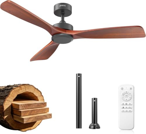 JOYEYE 132 cm Deckenventilator ohne Beleuchtung mit Fernbedienung Downrod Mount Brushless DC Motor Reversible 3 Dark Walnut Leaf 6 Speed Quiet Indoor