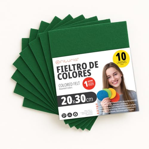OFITURIA Feltro Colorato per Artigianato, Fai-da-te, Progetti Scolastici, Scrapbooking, Cucito Creativo e Decorazioni 20x30cm (Verde Scuro, 10 pz)