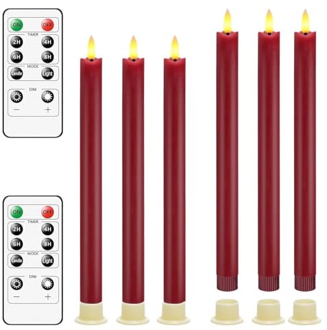 PinnWaa LED Kerzen, 6 flammenlose Stabkerzen mit Timer, Rot | 10-Tasten-Fernbedienung, Flackereffekt, dimmbares Licht, Weihnachtsdeko, Tischdeko, Hochzeit, Party und Wohnzimmerdeko