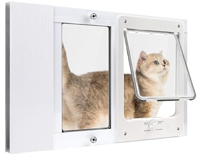 Full-Size Window Pet Door for Cat&Small Dog,Fits 21-23 4/5 Width Windows, Quick-Fit Cat Door Window Insert,4 Locking Mechanisms, Magnetic Closure Cat Door for Window,Aluminum Pet Door for Window