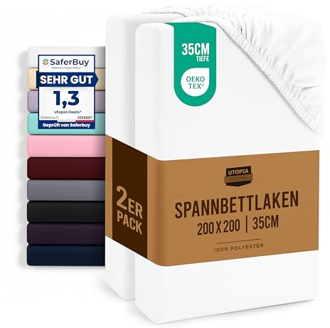 Utopia Bedding - 2er Set Spannbettlaken 200x200cm - Weiß | 35 cm Tiefe Tasche - 100% Polyester Mikrofaser Spannbetttuch - Oeko-Tex Zertifiziertes