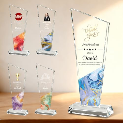QSZ Trophée Personnalisable en Cristal Gravure Personnalisée Logo Nom Texte Photo Trophées en Verre Personnalisés pour Retraite Récompense Employé Sport