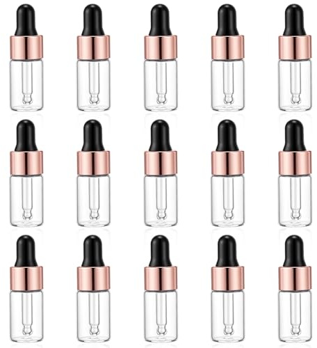 Bremorou 15 Pcs Dropper Bottle 3ml Mini Glass Oil Dropper Bottle Small Sample Essential Cuticle Oil Bottles with Rose Gold Cap for Essential Oils Perfume Cosmetic Liquid Aromatherapy Eye Drops