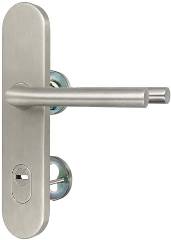 MS Beschläge Haustür Wechselgarnitur Edelstahl 10/92mm mit Kernziehschutz - Schutzbeschlag mit Außenschild und Innenrosetten - Kombibeschlag Türdrücker PZ matt geb. (Drücker/Drücker, DIN links)