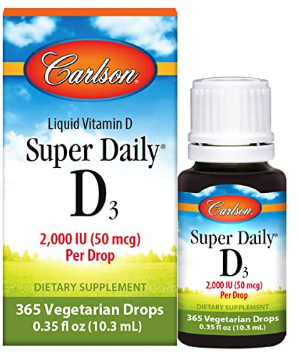 Carlson - Super Daily D3, Vitamin D Drops, 2,000 IU per Drop, 1-Year Supply, Vitamin D3 Liquid, Heart & Immune Health, Vegetarian, Liquid Vitamin D Drops, Unflavored, 365 Drops