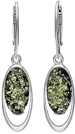 Large Amber Sterling Silver Earrings - Unusual Green Amber Fancy Dangly Drop Earrings - 070136