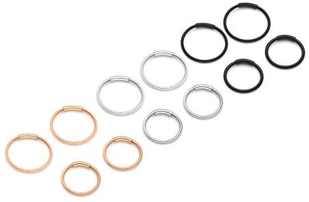 PiercingJak 12pcs Stainless Steel 20G Mixed 8mm 10mm Hinged Clicker Seamless Nose Hoop Rings for Nose Ear Helix Cartilage Tragus Daith Septum Eyebrow Lip Body Piercing Jewelry