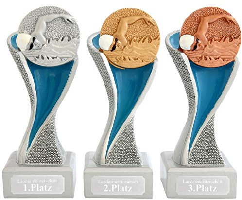 Set Schwimmen Pokal METZ gold, silber, bronze mit Gravurplatte und Gravur